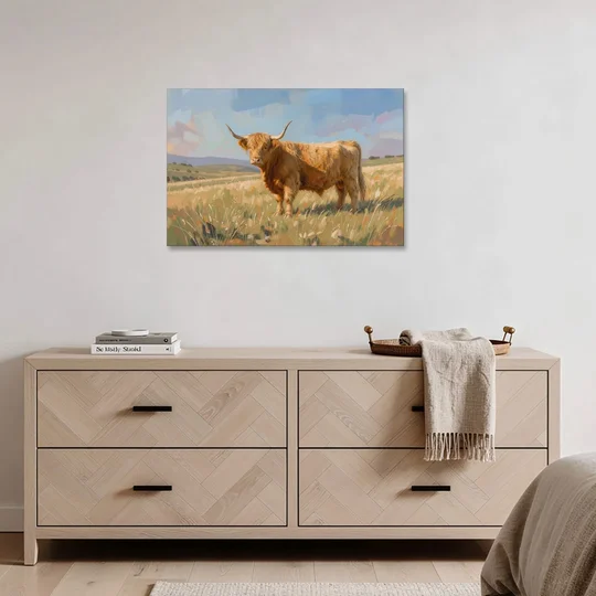 Farmhouse Highland Cow in the Golden Pasture - Canvas Wall Art - Coffee Table - 36x24