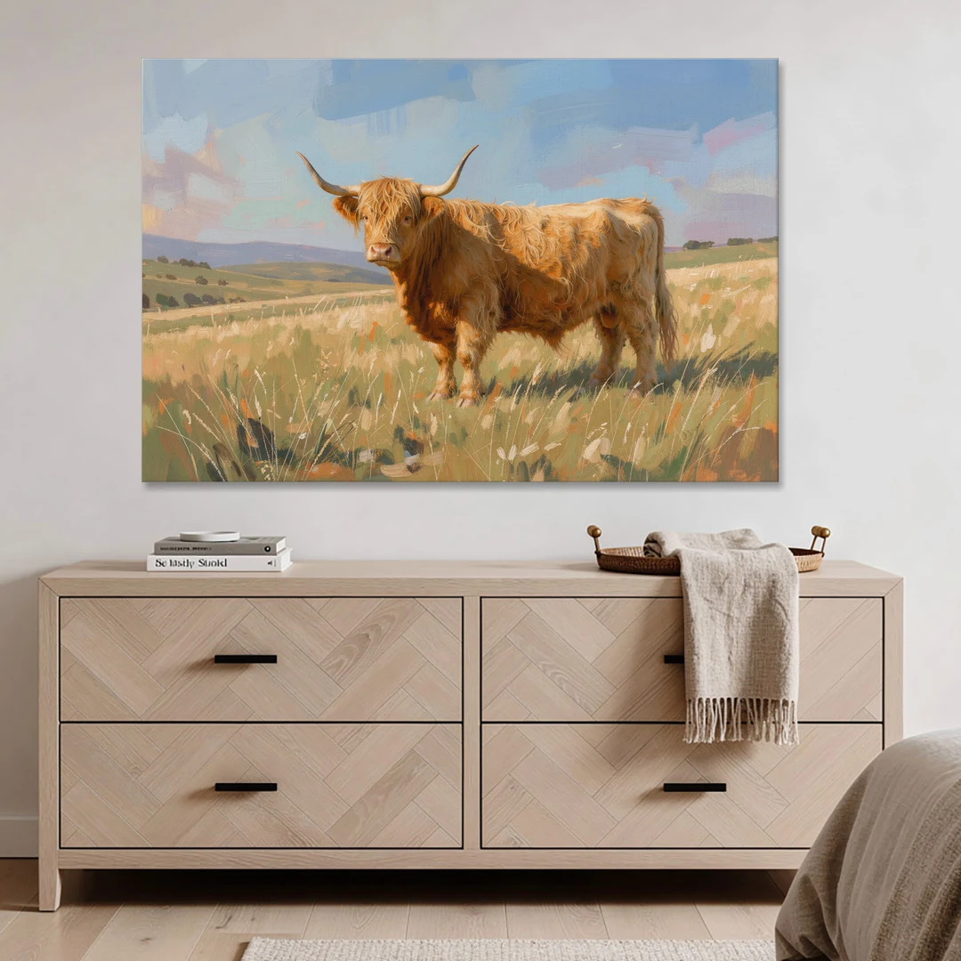 Farmhouse Highland Cow in the Golden Pasture - Canvas Wall Art - Coffee Table - 60x40