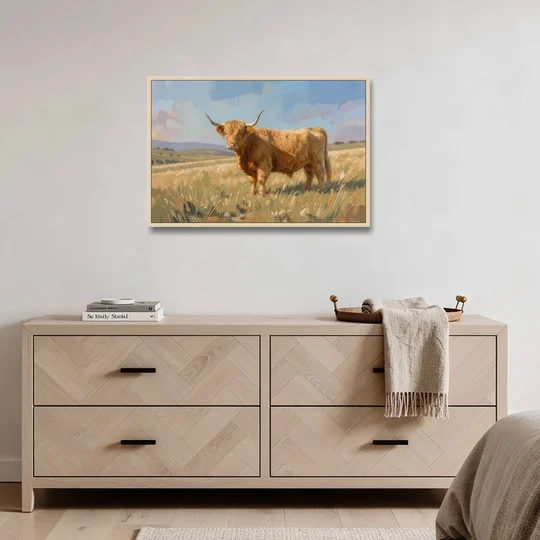 Farmhouse Highland Cow in the Golden Pasture - Oak Framed Canvas Wall Art - Coffee Table - 36x24