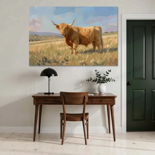 Farmhouse Highland Cow in the Golden Pasture - Canvas Wall Art - Office - 60x40