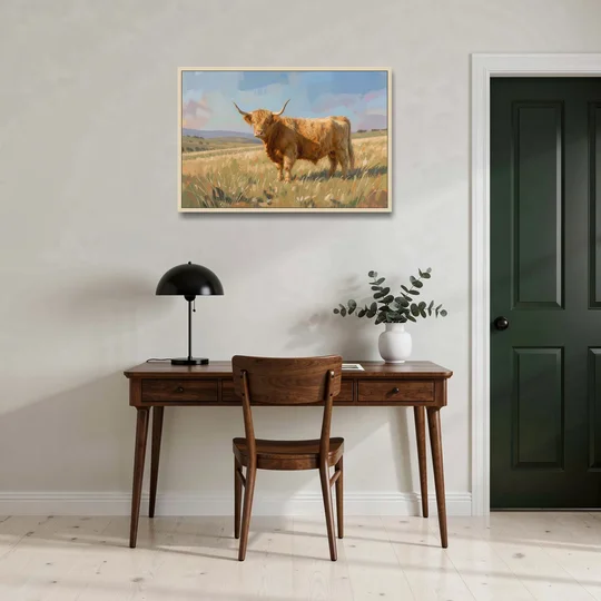 Farmhouse Highland Cow in the Golden Pasture - Oak Framed Canvas Wall Art - Office - 36x24