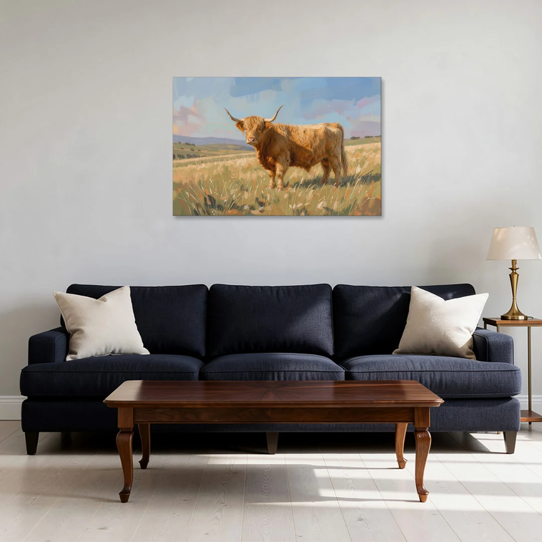 Farmhouse Highland Cow in the Golden Pasture - Canvas Wall Art - Sofa - 36x24