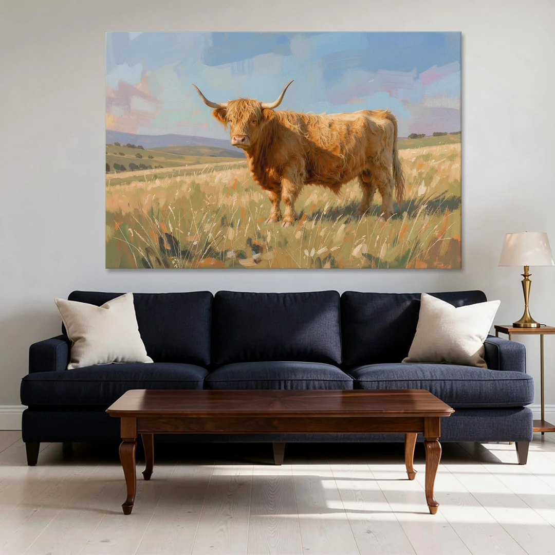Farmhouse Highland Cow in the Golden Pasture - Canvas Wall Art - Sofa - 60x40