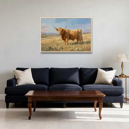 Farmhouse Highland Cow in the Golden Pasture - Oak Framed Canvas Wall Art - Sofa - 36x24