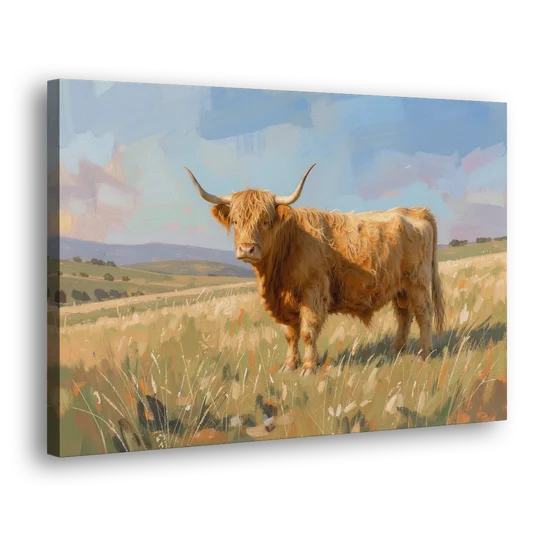 Farmhouse Highland Cow in the Golden Pasture - Canvas Wall Art - Side