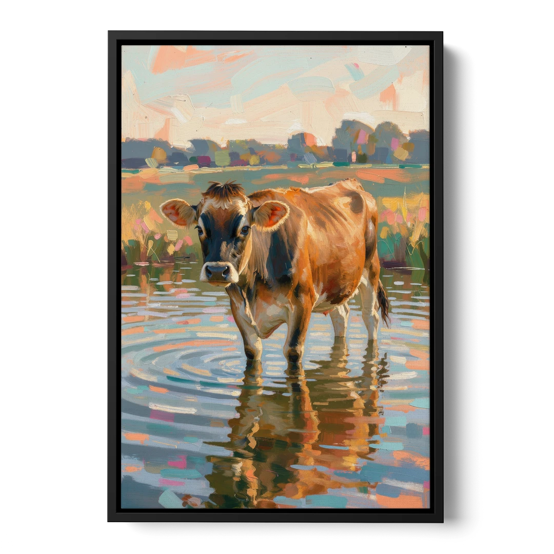 Farmhouse Jersey Cow in the Evening Pond - Black Framed Canvas Wall Art - Front