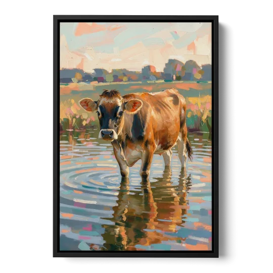 Farmhouse Jersey Cow in the Evening Pond - Black Framed Canvas Wall Art - Front
