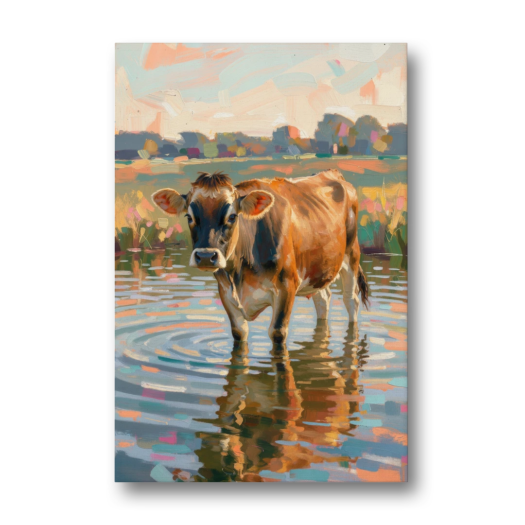 Farmhouse Jersey Cow in the Evening Pond - Canvas Wall Art - Front