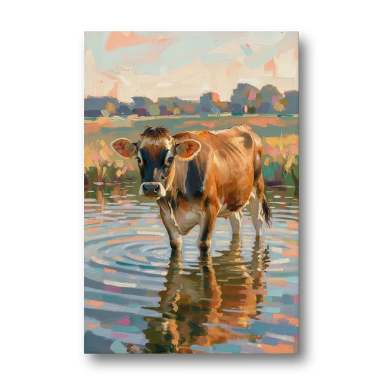 Farmhouse Jersey Cow in the Evening Pond - Canvas Wall Art - Front