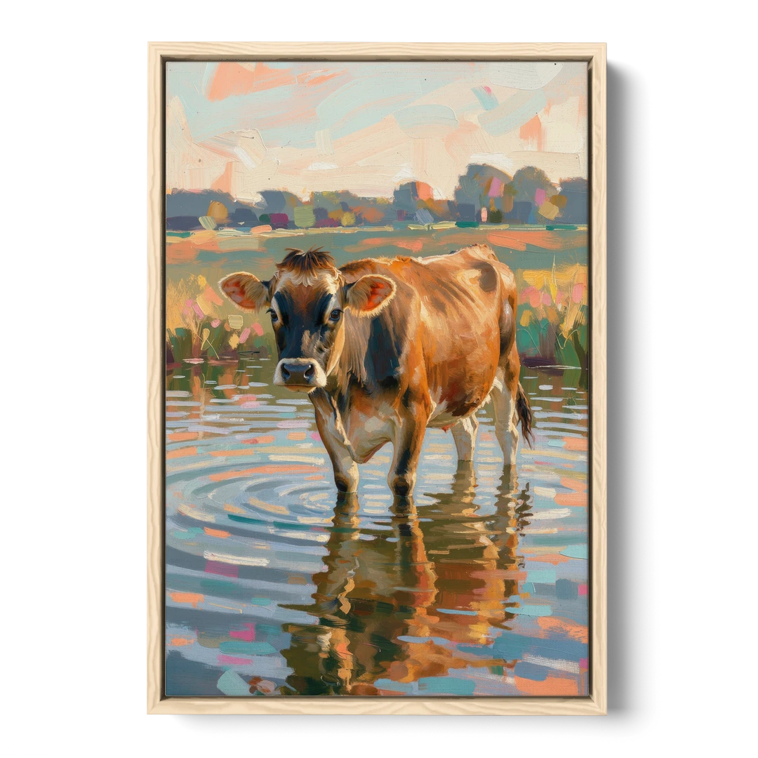 Farmhouse Jersey Cow in the Evening Pond - Oak Framed Canvas Wall Art - Front
