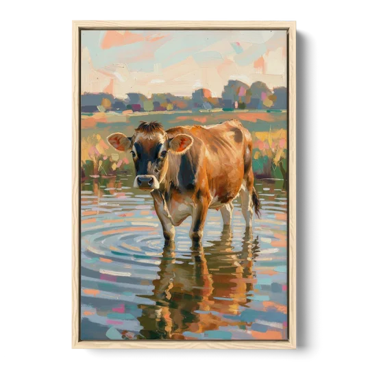 Farmhouse Jersey Cow in the Evening Pond - Oak Framed Canvas Wall Art - Front
