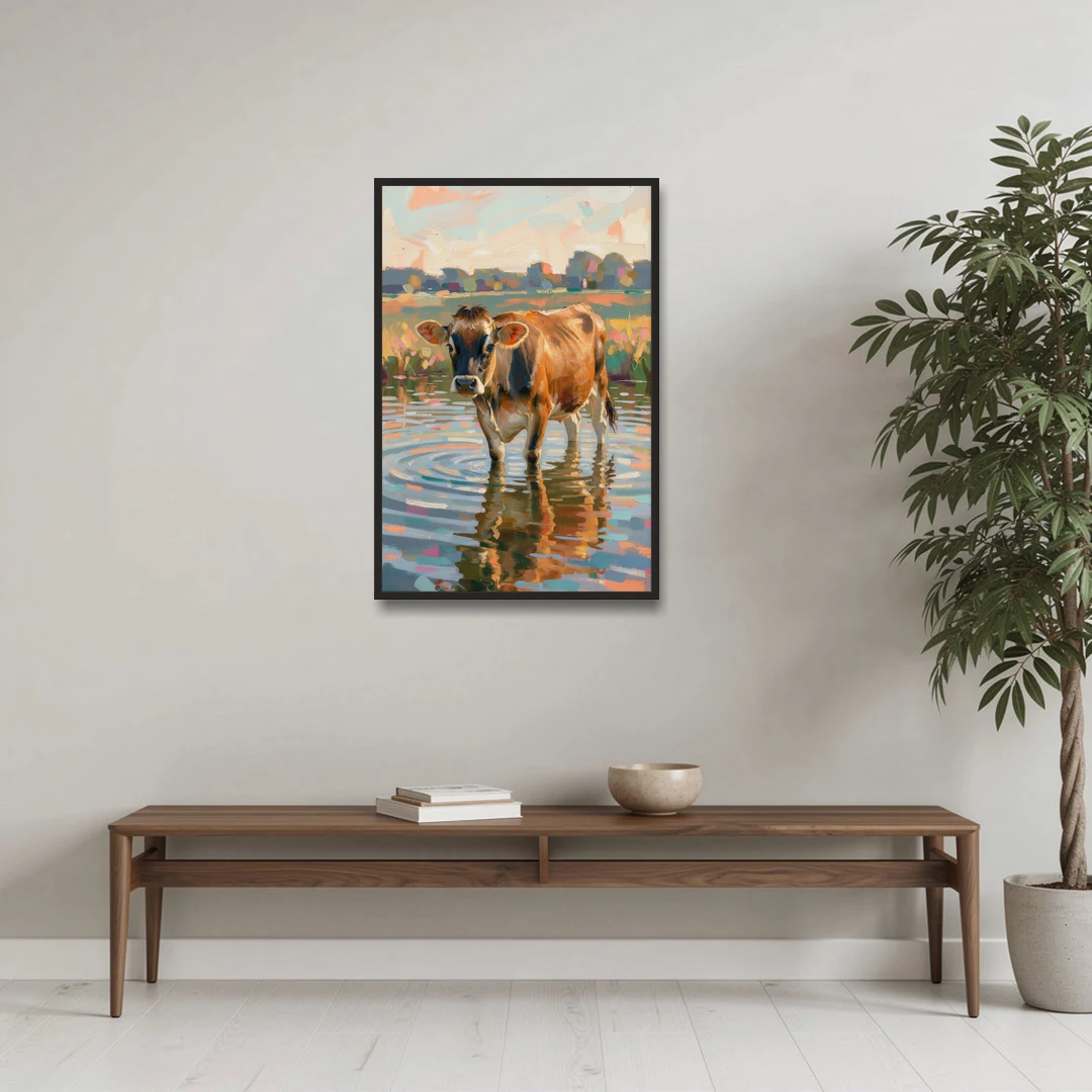 Farmhouse Jersey Cow in the Evening Pond - Black Framed Canvas Wall Art - Coffee Table - 24x36