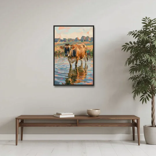 Farmhouse Jersey Cow in the Evening Pond - Black Framed Canvas Wall Art - Coffee Table - 24x36