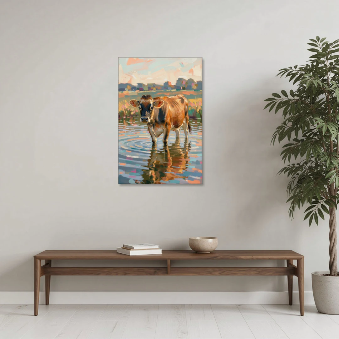 Farmhouse Jersey Cow in the Evening Pond - Canvas Wall Art - Coffee Table - 24x36