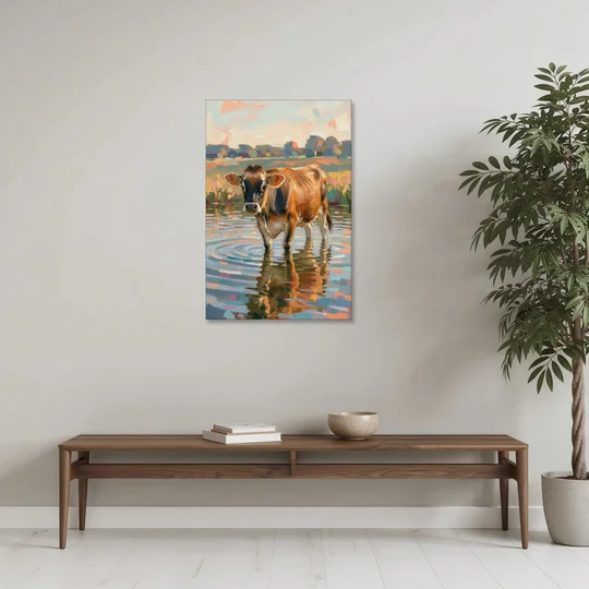 Farmhouse Jersey Cow in the Evening Pond - Canvas Wall Art - Coffee Table - 24x36