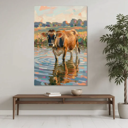 Farmhouse Jersey Cow in the Evening Pond - Canvas Wall Art - Coffee Table - 40x60