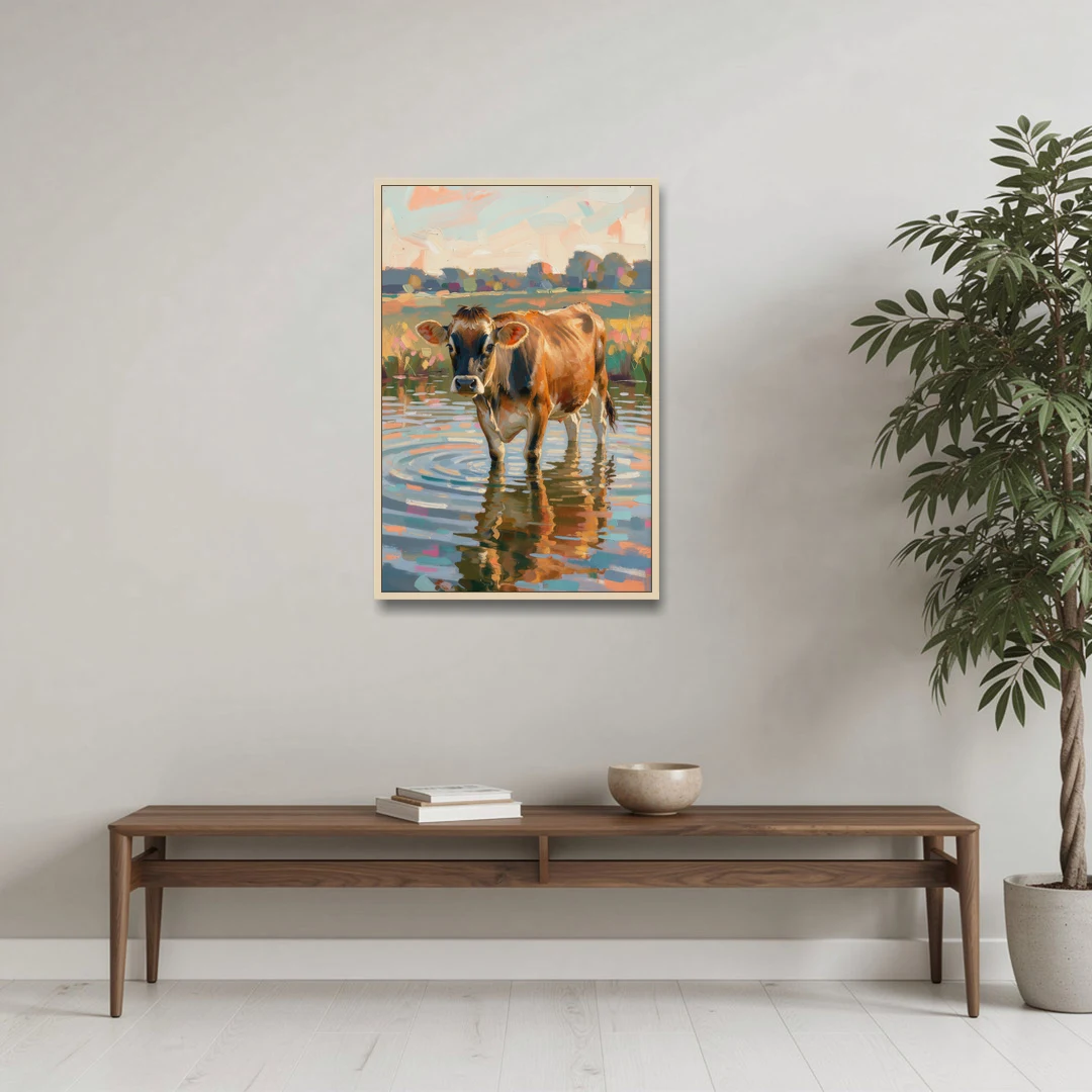 Farmhouse Jersey Cow in the Evening Pond - Oak Framed Canvas Wall Art - Coffee Table - 24x36