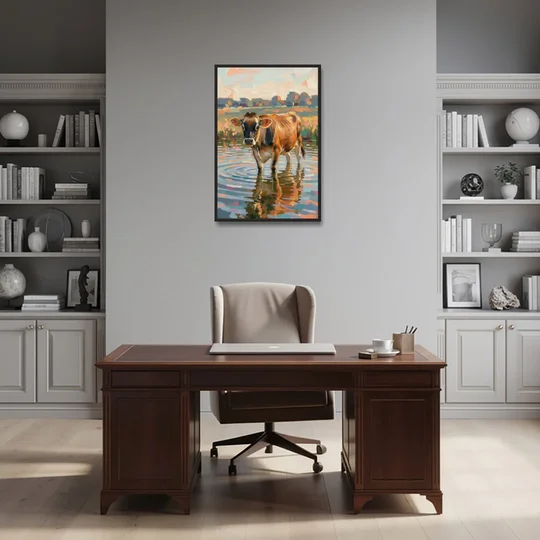Farmhouse Jersey Cow in the Evening Pond - Black Framed Canvas Wall Art - Office - 24x36
