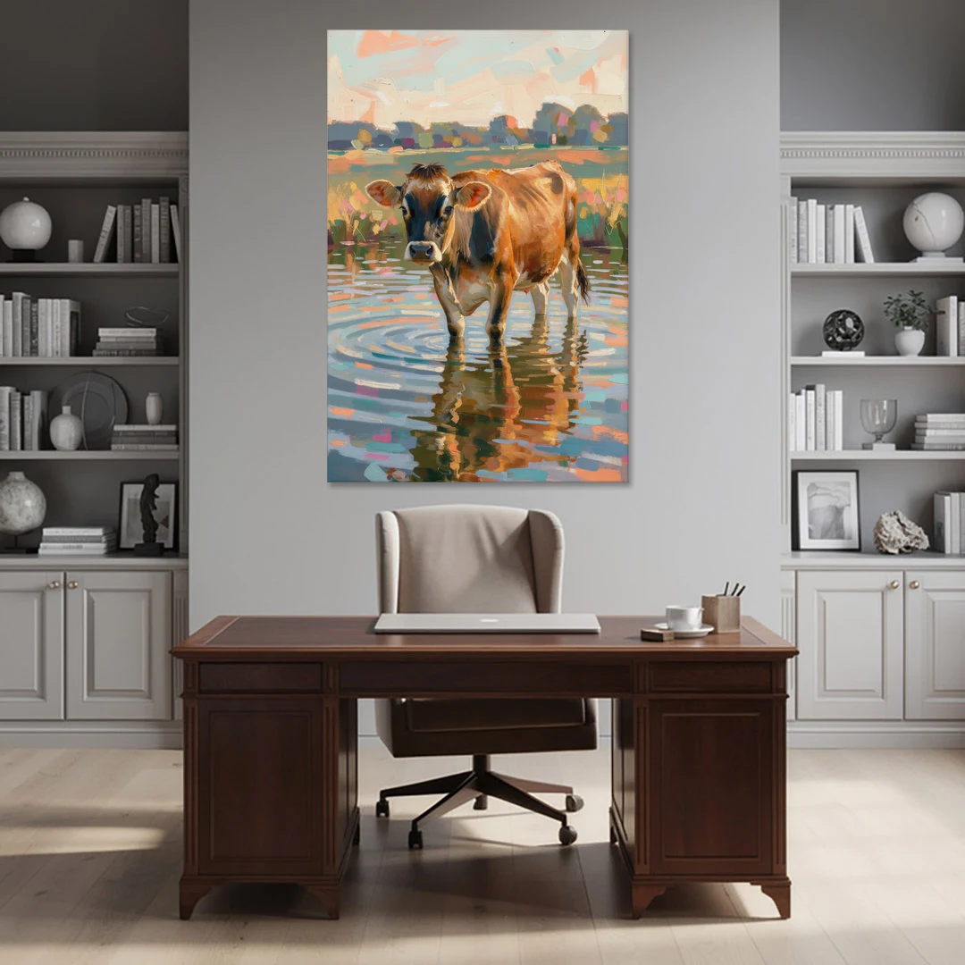 Farmhouse Jersey Cow in the Evening Pond - Canvas Wall Art - Office - 40x60