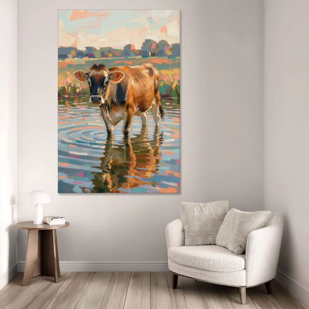 Farmhouse Jersey Cow in the Evening Pond - Canvas Wall Art - Sofa - 40x60
