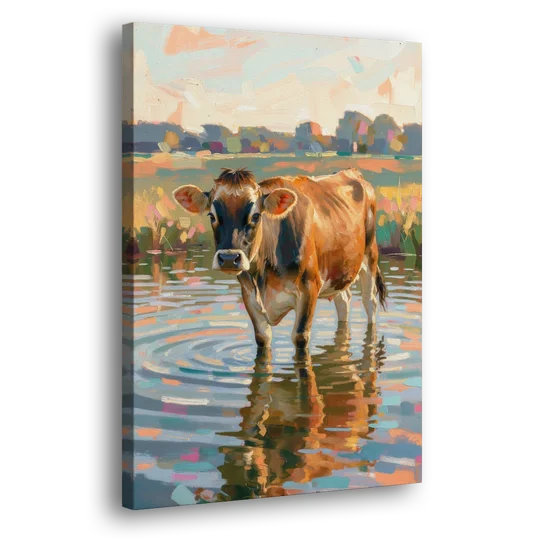 Farmhouse Jersey Cow in the Evening Pond - Canvas Wall Art - Side