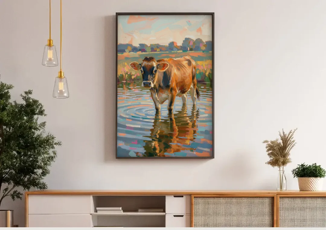 Farmhouse Jersey Cow in the Evening Pond canvas wall art above a wooden sideboard under pendant lights