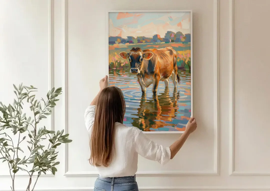 Farmhouse Jersey Cow in the Evening Pond canvas wall art being hung on a paneled wall