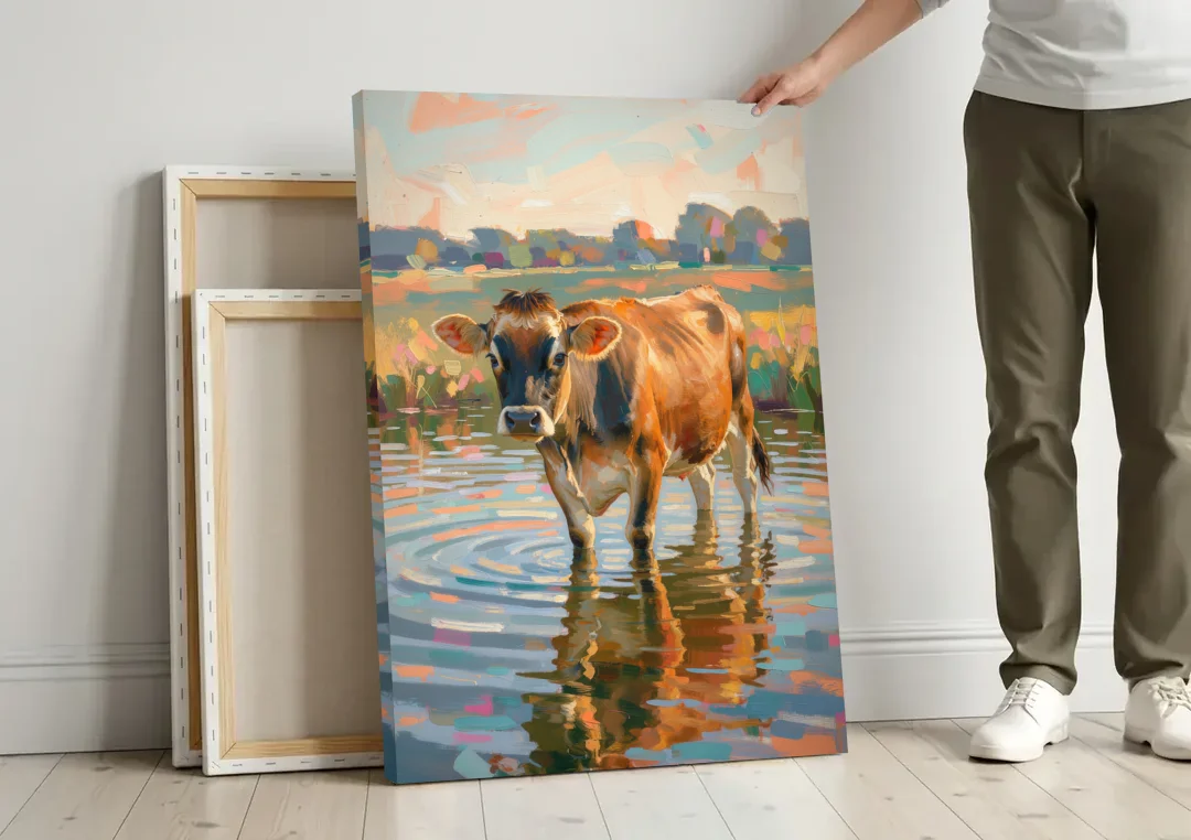 Farmhouse Jersey Cow in the Evening Pond canvas wall art leaning against a wall next to blank canvases