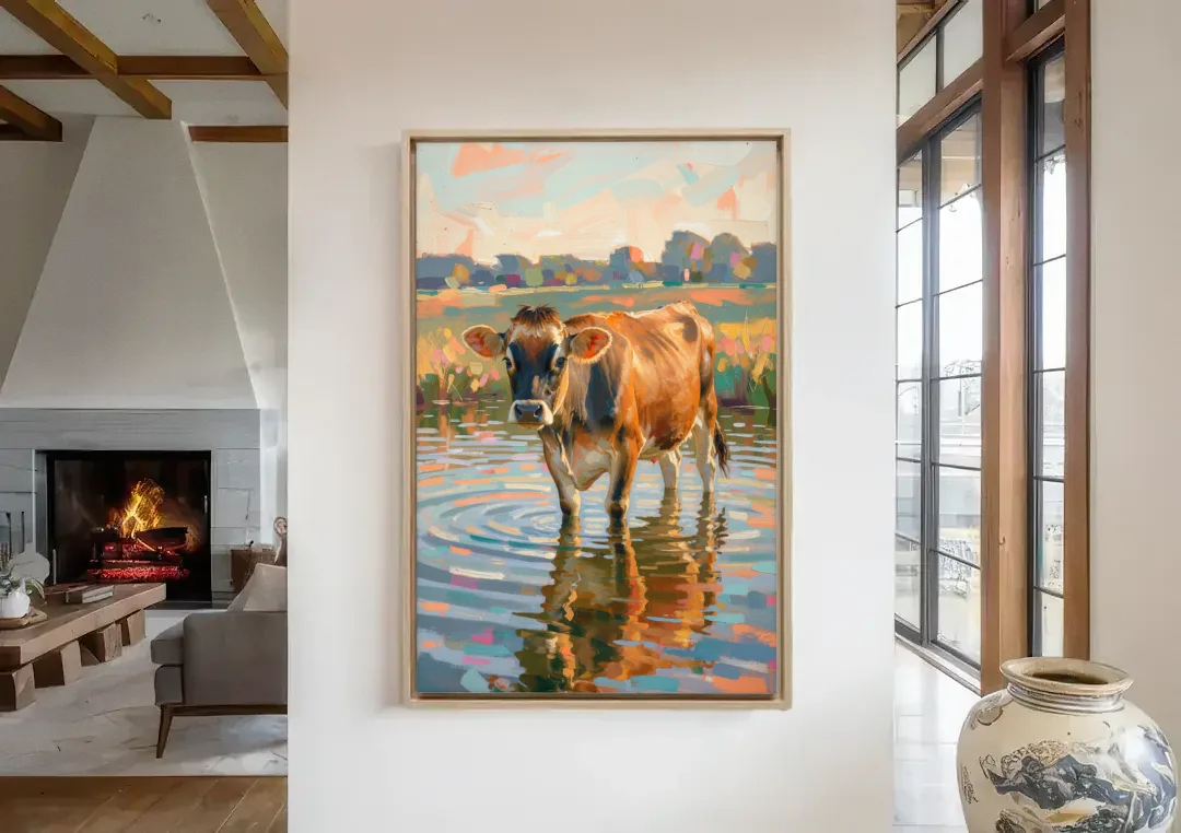 Farmhouse Jersey Cow in the Evening Pond canvas wall art in a living room with a fireplace