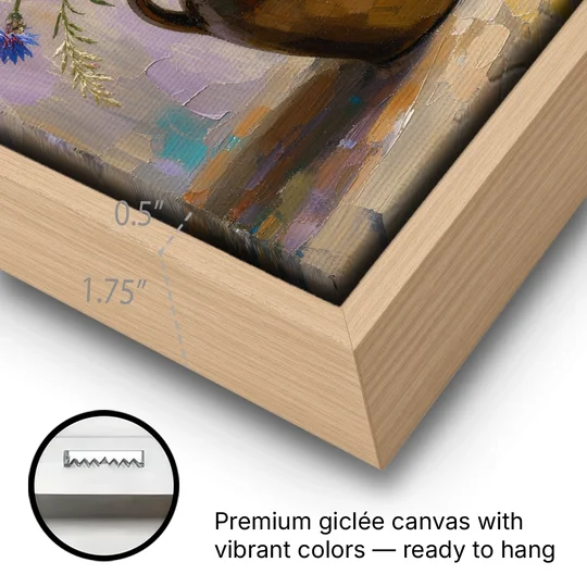 Farmhouse Kitchen Wildflower Wall Art in a Stoneware Jug - Oak Framed Canvas Wall Art - Gallery Wrap Corner