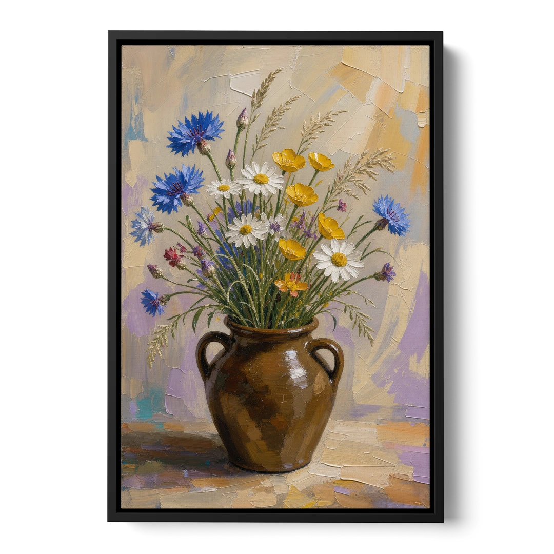 Farmhouse Kitchen Wildflower Wall Art in a Stoneware Jug - Black Framed Canvas Wall Art - Front