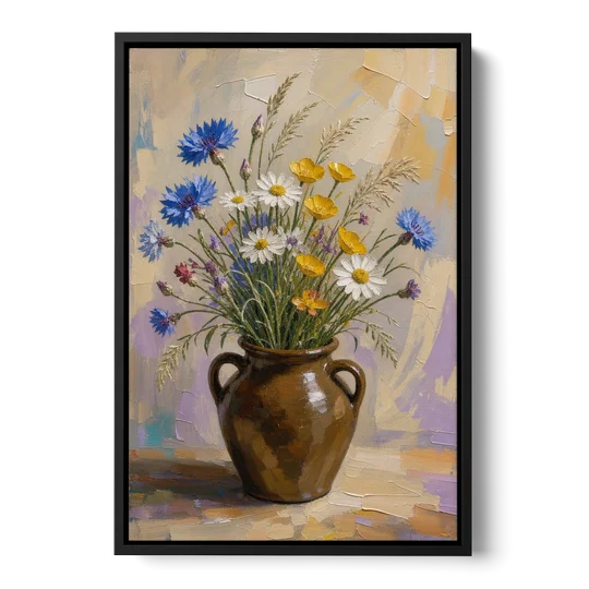 Farmhouse Kitchen Wildflower Wall Art in a Stoneware Jug - Black Framed Canvas Wall Art - Front