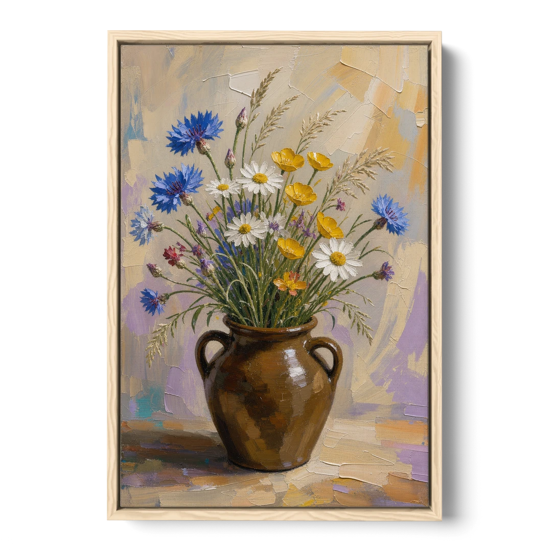 Farmhouse Kitchen Wildflower Wall Art in a Stoneware Jug - Oak Framed Canvas Wall Art - Front