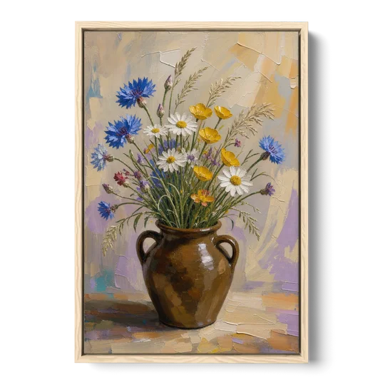 Farmhouse Kitchen Wildflower Wall Art in a Stoneware Jug - Oak Framed Canvas Wall Art - Front