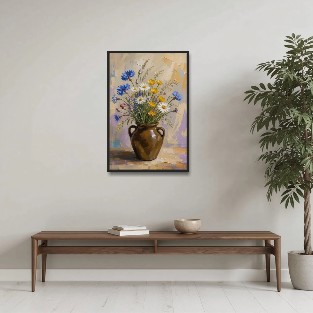 Farmhouse Kitchen Wildflower Wall Art in a Stoneware Jug - Black Framed Canvas Wall Art - Coffee Table - 24x36