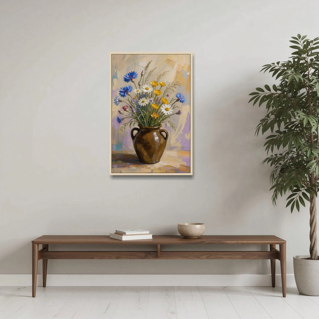 Farmhouse Kitchen Wildflower Wall Art in a Stoneware Jug - Oak Framed Canvas Wall Art - Coffee Table - 24x36