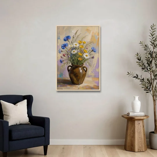Farmhouse Kitchen Wildflower Wall Art in a Stoneware Jug - Oak Framed Canvas Wall Art - Sofa - 24x36