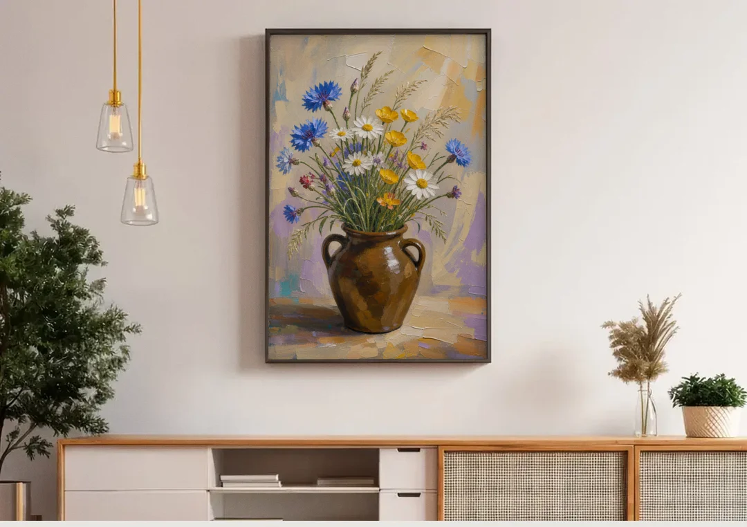 Farmhouse Kitchen Wildflower Wall Art in a Stoneware Jug canvas wall art above a wooden sideboard under pendant lights