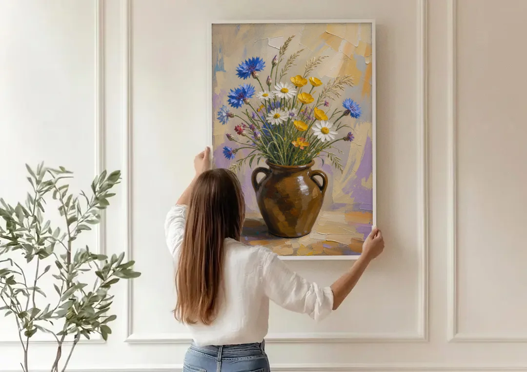 Farmhouse Kitchen Wildflower Wall Art in a Stoneware Jug canvas wall art being hung on a paneled wall