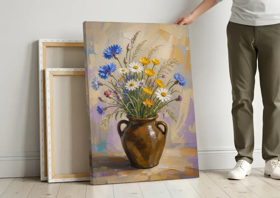 Farmhouse Kitchen Wildflower Wall Art in a Stoneware Jug canvas wall art leaning against a wall next to blank canvases