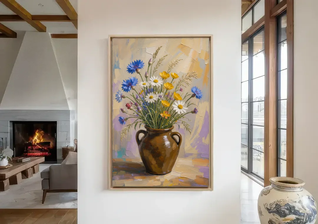 Farmhouse Kitchen Wildflower Wall Art in a Stoneware Jug canvas wall art in a living room with a fireplace