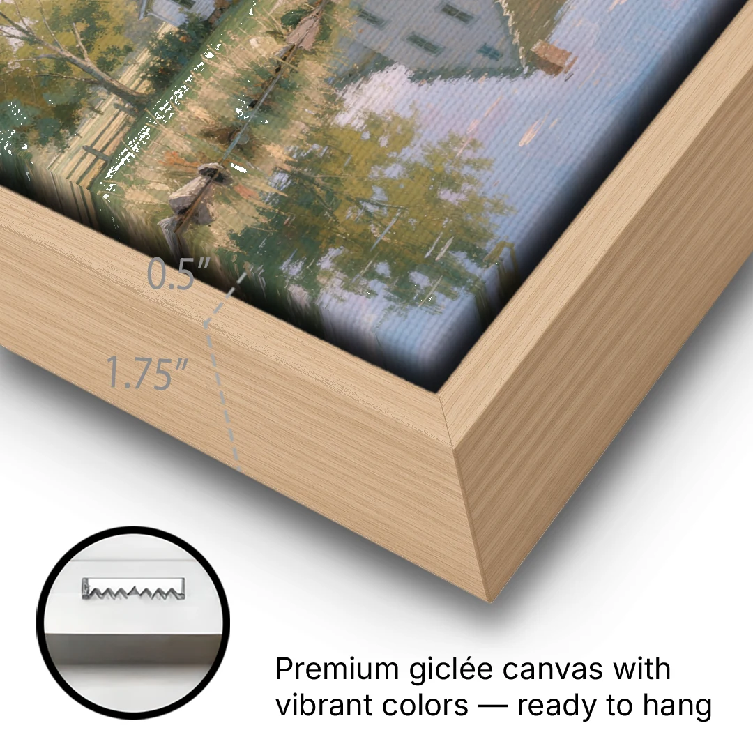 Farmhouse Landscape Painting by the Evening Pond - Oak Framed Canvas Wall Art - Gallery Wrap Corner