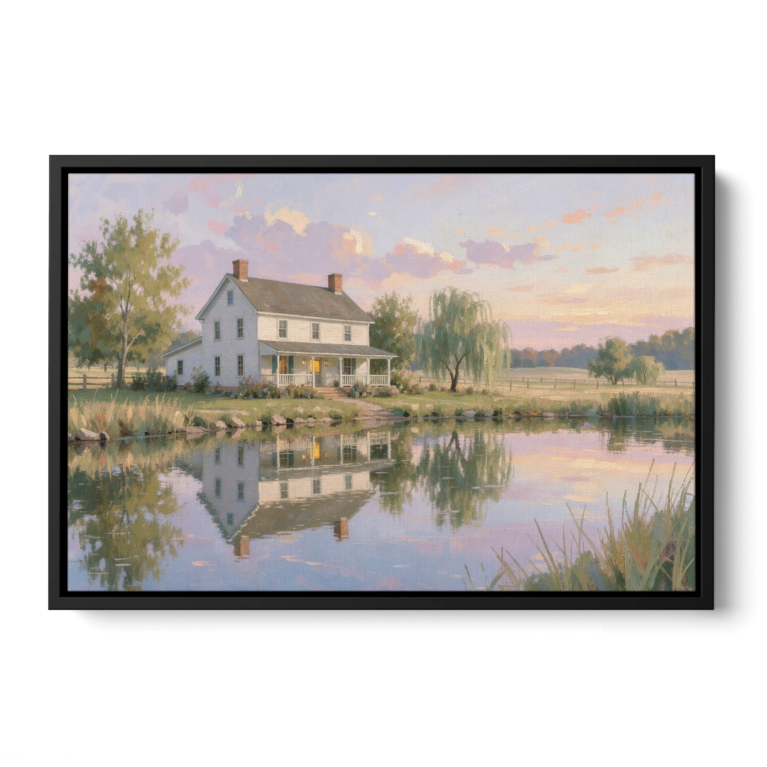 Farmhouse Landscape Painting by the Evening Pond - Black Framed Canvas Wall Art - Front
