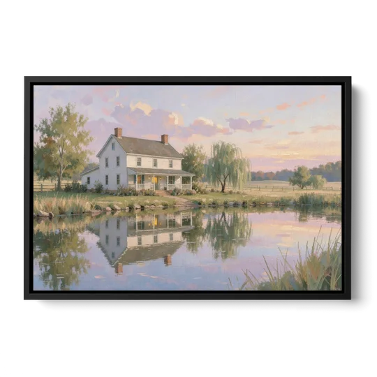 Farmhouse Landscape Painting by the Evening Pond - Black Framed Canvas Wall Art - Front