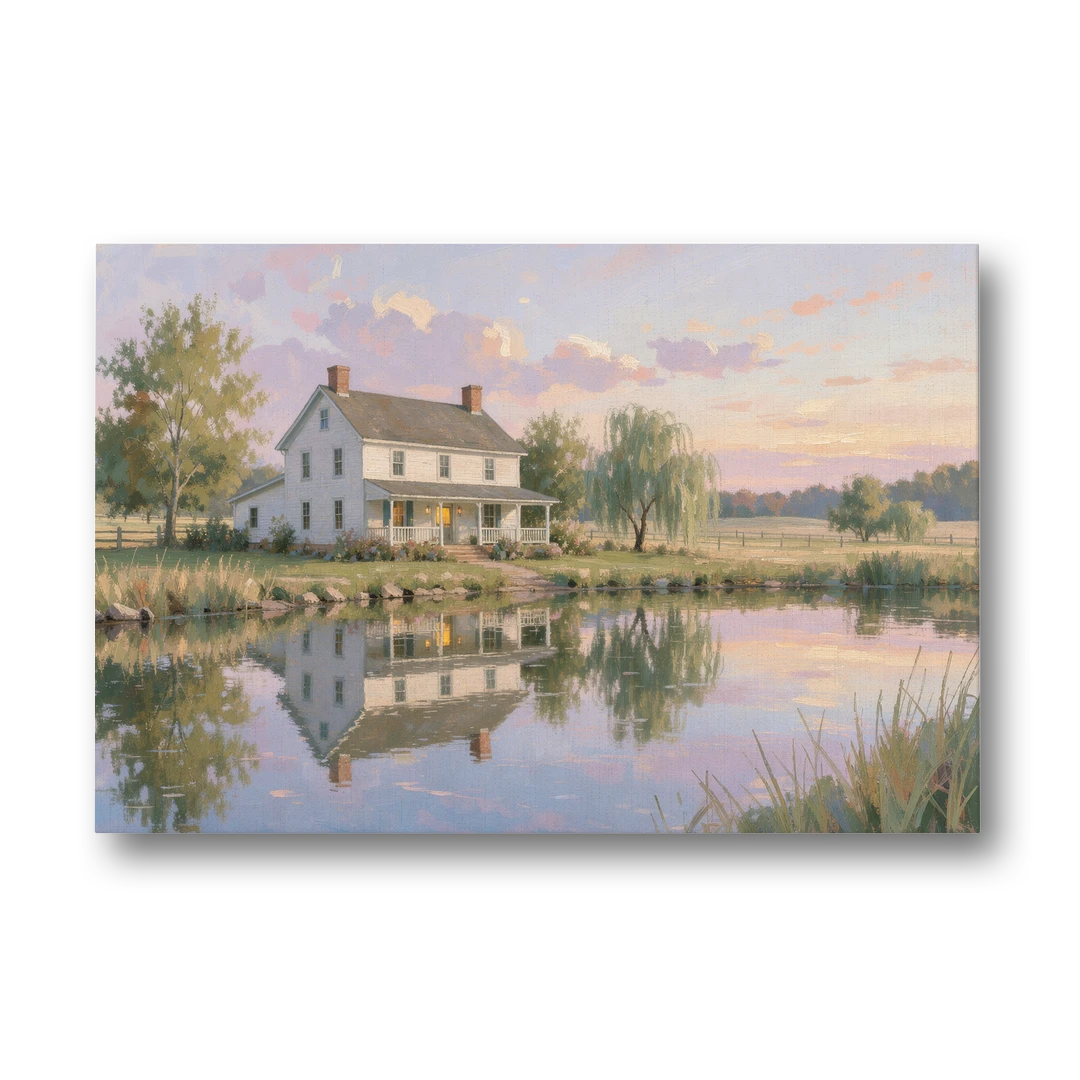 Farmhouse Landscape Painting by the Evening Pond - Canvas Wall Art - Front
