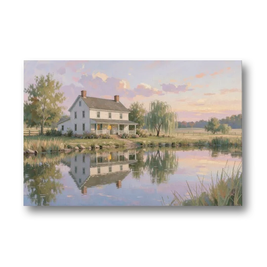 Farmhouse Landscape Painting by the Evening Pond - Canvas Wall Art - Front