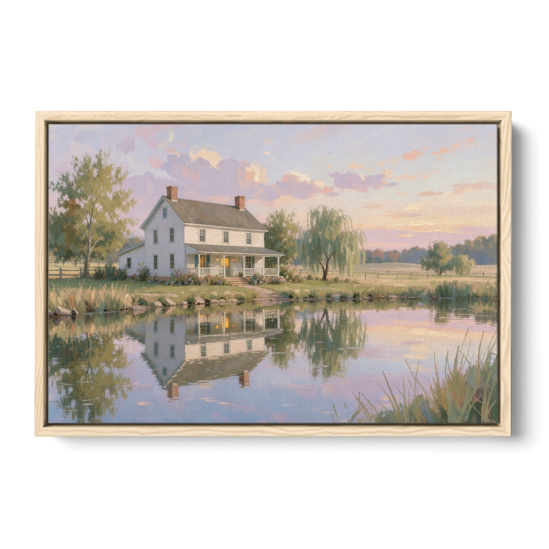 Farmhouse Landscape Painting by the Evening Pond - Oak Framed Canvas Wall Art - Front