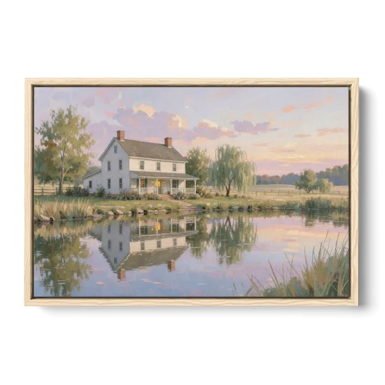 Farmhouse Landscape Painting by the Evening Pond - Oak Framed Canvas Wall Art - Front