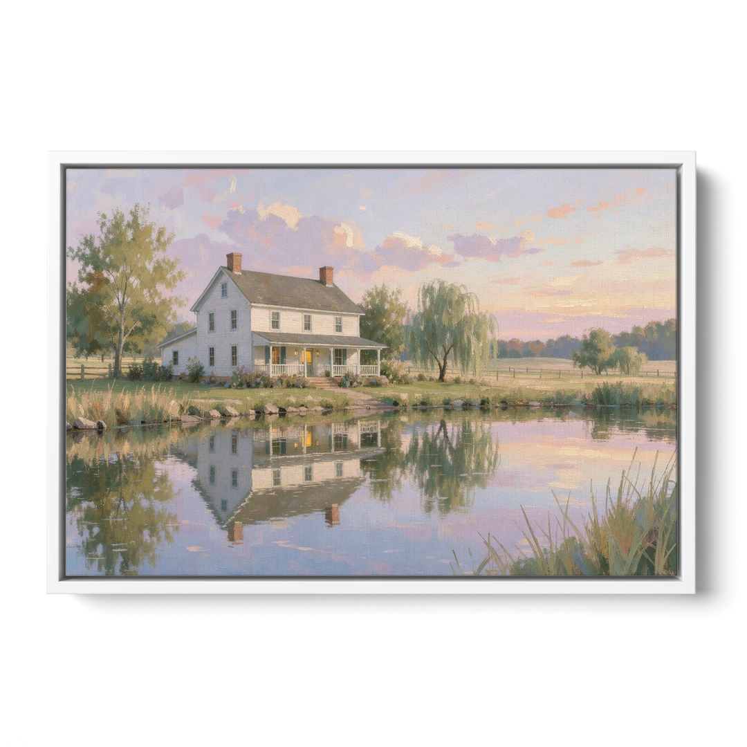 Farmhouse Landscape Painting by the Evening Pond - White Framed Canvas Wall Art - Front
