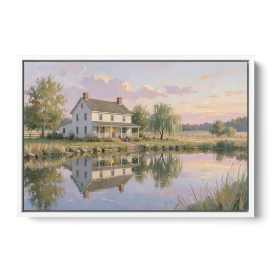 Farmhouse Landscape Painting by the Evening Pond - White Framed Canvas Wall Art - Front